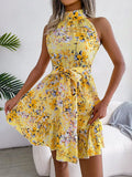 Fashion Floral Print Sleeveless Dress Summer Sexy Off Shoulder Halter Strap Slim Waist Beach Dress Office New High Waist