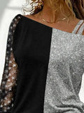Spring Autumn Patchwork Print Blouses Office Lady Slim Fashion Shirts Women Elegant Sexy One Shoulder Mesh Sleeve Tops