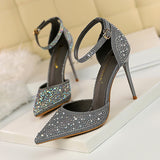 Breakj Korean Version Of Sweet High Heels With High Heel Shallow Pointed Hollow Out A Word With Shiny Rhinestone