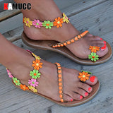 Flat Sandals Sweet Boho Pearl Decoration Sandals Women Beach Sand Holiday Shoes Leather Flats Plus