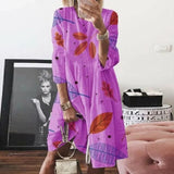 Women Autumn buttertly leaf Print long sleeves Dresses Elegant casual O Neck Knee-length Dress Summer loose Dresses