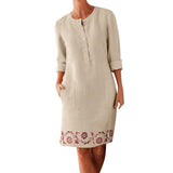 Winter Autumn Button Cotton Linen Dress women Elegant O-Neck Knee length Long Sleeve Pocket Solid Dress Plus Size