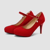 Women Super High Heel Suede Leather Dress Shoes Casual Platform Vintage Mary Janes Pumps Strap Buckle Thin Heels Large Plus