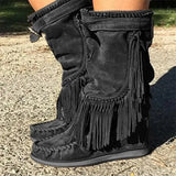 Boots Woman Pleated Tassel Mid-calf Boots Womens Sewing Footwear Buckle Leather High Heels Shoes Female Plus Size