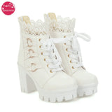 Women Chunky Platform Ankle Boots Lolita Super High Heel Lace Up Boots Sweet Lace Back Zipper Princess Cosplay Shoes Black