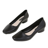 Breakj Leisure Square Head Thick Heel Shallow Single Shoes Flight Attendant Work Shoes Black Four-Season Shoes Low