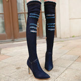 2020 Women Newest Hollow out Pointed Toe Over Knee Blue Denim Lace-up Gladiator Boots Long High Heel Jean Boots