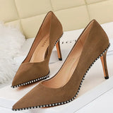 Shoes Black Heels Metal Beads Woman Pumps Suede High Heels Stiletto Wedding Shoes Women Heels Female Plus Size 41 42