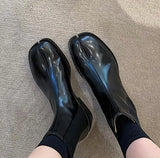 Split Toe Ankle Boots Woman Shiny&Matte Leather Shoes Tabi Ninja Chelsea Botas Mujer Low Heels Trotters Booties