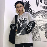 Harajuku Sweatshirt Women Patchwork Unisex Pullovers Japanese Anime Print Comics Jumpers Fake 2 Pieces Woman