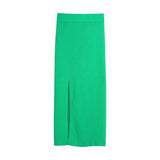 Stylish Chic Green Ribbed Knitted Skirts Women 2021 Fashion Side Split Skirt Female Casual