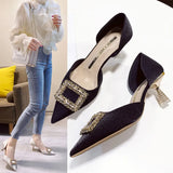 Single Shoes Women's 2024 Summer New Water Drill Square Buckle Korean Fashion Women's Shoes Shallow Mouth, High Heels, High