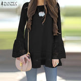 Bohemian Lace Patchwork Tops Women's Spring Blouses ZANZEA 2022 Casual Flare Sleeve Shirts Female Hollow Tops