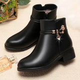 Breakj Leather Mother Cotton Shoes Autumn And Winter Add Velvet Women's Short Boots Middle-Aged Warm Low Heel Thick Heel Rhinestone Snow