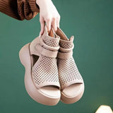 New Hollow Breathable Hole Shoes Thick Sole Genuine Leather Fish Mouth Hook & Loop Retro Comfortable Women