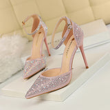 Breakj Korean Version Of Sweet High Heels With High Heel Shallow Pointed Hollow Out A Word With Shiny Rhinestone