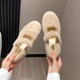Fur Mary janes shoes woman round toe ankle strap furry loafers 34-43 big size warm plush winter shoes female cotton