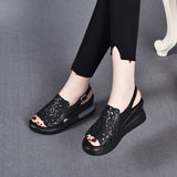 Summer Wedge Shoes for Women Sandals Open Toe Platform Hollow Flowers Retro Lady High Heel Buckle Strap Casual Female