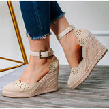 Shoes For Women Wedge Sandals 2021 Summer Hollow Out Casual Single Shoes Pointed Toe Straw High Heels Thick Bottom