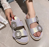 Rhinestone Belt Buckle Slippers Women Thicken Sole Shoes Ladies Casual Slides Outdoor Flipflops Silver Beach Sandals
