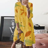 Women Autumn buttertly leaf Print long sleeves Dresses Elegant casual O Neck Knee-length Dress Summer loose Dresses