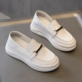 Women Vulcanize Shoes PU Genuine Leather Internal Increase Platform Metal Buckle Loafers Flat 2021 Fashion Casual Sneakers