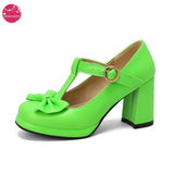 Patent Leather Dress Pumps Block High Heel for Women Chic Comfort Platform Mary Janes Closed Toe Bow Cosplay Kawaii