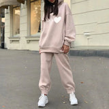 Heart Printed Fleece Women's Tracksuit Hoodies 2 Piece Set Sweatshirt + Pants Women Sport Suit Winter