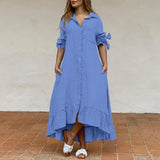 Women Shirt Dress 2022 VONDA Casual Solid Color 3/4 Sleeve Party Long Maxi Dresses Asymmetric Hem Ruffled Vestido Beach