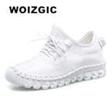Women Female Genuine Leather White Shoes Flats Loafers Lace Up Sports Breathable Vulcanized Shoes Plus Size 41