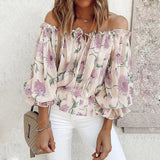 Summer Women Slash Neck Off-shoulder Print Chiffon T-shirts Casual Loose Flared Sleeves Streetwear Tops Elegant