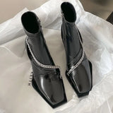 Breakj Design Sense Soft Leather Square Head Thick Heel Short Boots Women's Chain Martin Boots Tide Cool Fashion Single Boots Elastic Thin Thin