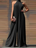 Oversized ZANZEA Fashion Women Jumpsuits 2022 Summer Pleated Wide Leg Overalls Casual Solid Sleeveless Loose Button Up
