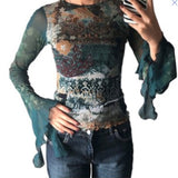 Khaki Vintage Print V Neck Flare Long Sleeve Y2K Tops Cute E Girl Fairy Grunge Aesthetic Graphic T Shirts for