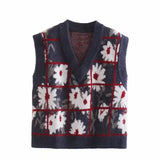 Chic Floral Print Plaid Sleeveless Sweater Women Fashion V-Neck Vest Tops Female Casual