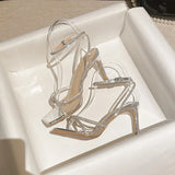 Summer New Women Sandals Fairy Style Square Head Silver Rhinestone Slim Band Temperament One Word Band Versatile High