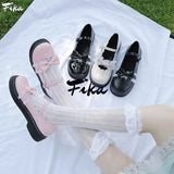 Shoes Women Flats Mary Janes Patent Leather Shoes Flower Lace Ruffle Round Toe Black Girls Retro Cosplay Kawaii