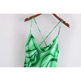 Vintage Chic Green Print Cross Strap Mini Dress Women 2021 Fashion Sexy Backless Draped Party Dresses Female