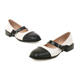 French Mary Jeans Dress Shoes Ladies Leather Belt Mixed Color Low Heels Patchwork Lolita Pumps Women Square Toe Loafers