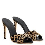 Ladies High-Heeled Single Shoes Large Size Horse Hair Leopard Pattern Slippers Exposed Toe Dew Heel