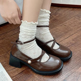 Retro Brown Mary Jane Shoes Women Thick Heels Ankle Buckle Lolita Shoes Woman Uniform Pu Leather Student Shoes