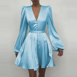 New Women Sexy V Neck Letters Print Fashion Short Dresses Casual Satin Slim Lantern Sleeves Zipper Elegant Party