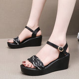 Breakj Heel Thick-Soled Sandals Women Summer With A Word With Water Drill Weaving Mother Sandals Soft-Soled Pine Cake Beach