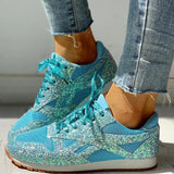Flat Glitter Sneakers Casual Bling Vulcanized Shoes Female Mesh Lace Up Platform Comfort Plus Size Fashion Ladies