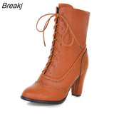 Large Sizes 32-43 British Style Women's Brogue Shoes woman Fashion High Heel Lace Up Ankle Boots Autumn Winter