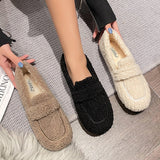 Ladies Luxury Lambswool Loafers Moccasins Femme Winter Cotton Shoes Women Warm Plush Slip On Curly Furry Sheep Fur