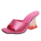 Breakj High Heel Slippers Female Summer Square Head Solid Color A Word Wear Fashion Versatile Ladies Large Size