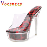 Women Sandals Platform Transparent Leopard Print High Heels Model Fashion Show Shoes 2023 Summer PVC Sexy Slippers New Plus