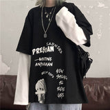 Harajuku Sweatshirt Women Patchwork Unisex Pullovers Japanese Anime Print Comics Jumpers Fake 2 Pieces Woman