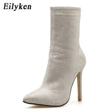 Women Ankle Boots Plus Size 35-42 Rhinestones High Heels Shoes Woman Zip Pointed Toe Sexy Motorcycle Boots For